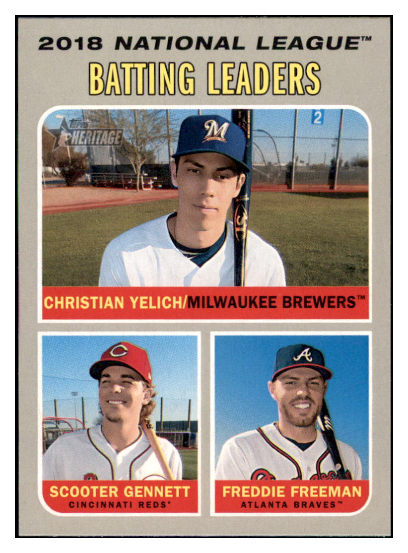 2019 Topps Heritage Christian Yelich /
Freddie Freeman / Scooter Gennett CPC, LL
Milwaukee Brewers / Atlanta Braves / Cincinnati Reds #61 Baseball
card TMH1B_1a simple Xclusive Collectibles