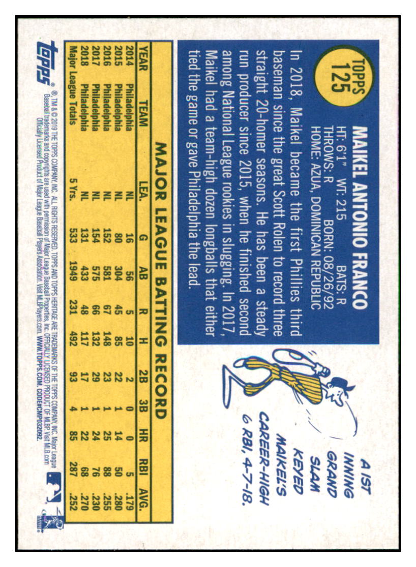 2019 Topps Heritage Maikel Franco    Philadelphia Phillies #125 Baseball
  card    TMH1B simple Xclusive Collectibles