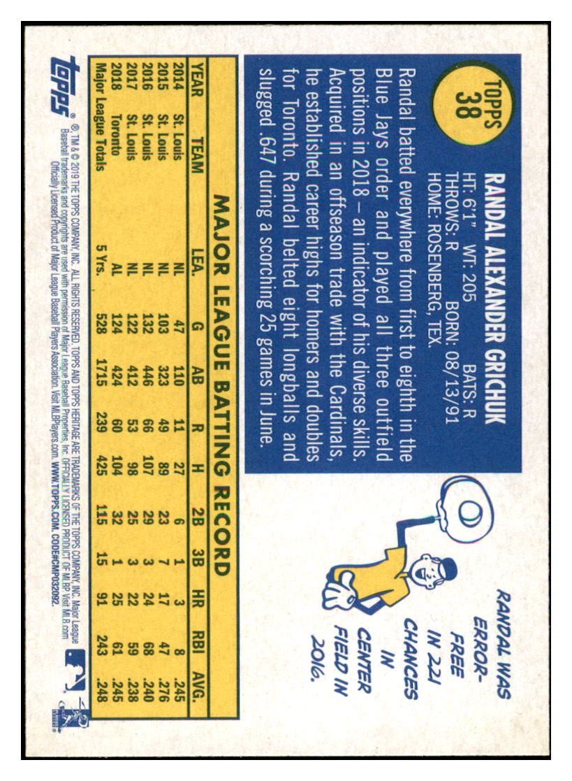 2019 Topps Heritage Randal Grichuk Toronto Blue Jays #38 Baseball card TMH1B_1a simple Xclusive Collectibles