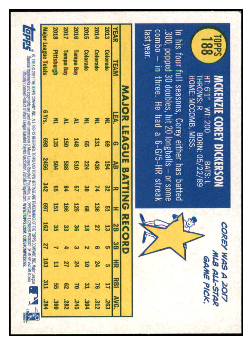 2019 Topps Heritage Corey Dickerson    Pittsburgh Pirates #188 Baseball
  card    TMH1B simple Xclusive Collectibles