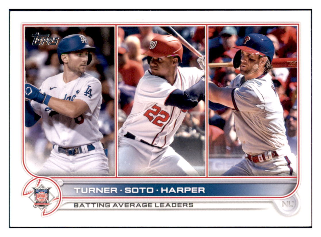 2022 Topps 1st Edition NL Batting
Average Leaders (Trea Turner / Juan Soto / Bryce Harper) LL Los Angeles Dodgers / Washington
Nationals / Philadelphia Phillies #59 Baseball card BMB1A simple Xclusive Collectibles