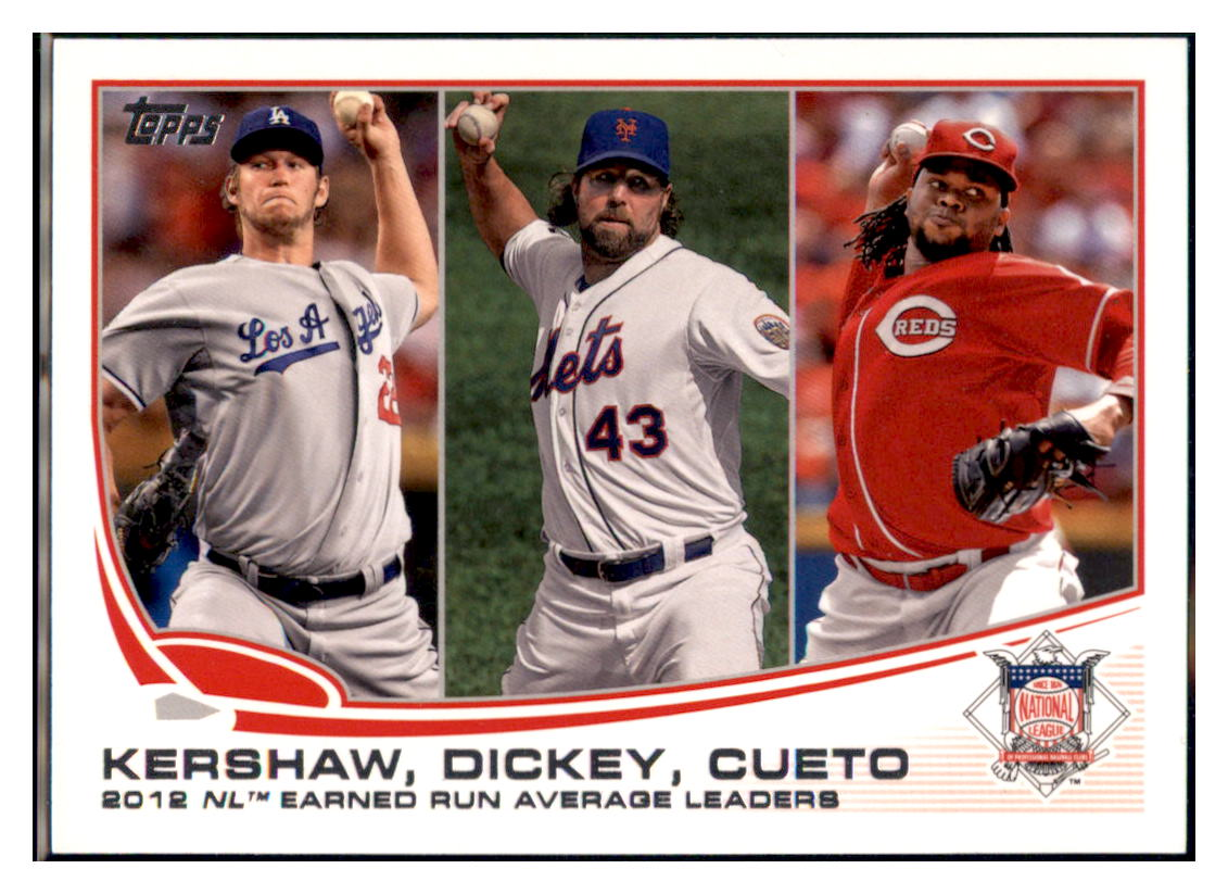 2013 Topps Johnny Cueto /
Clayton Kershaw / R.A. Dickey Blue Los
Angeles Dodgers / Cincinnati Reds / New York Mets Baseball Card DPT1C simple Xclusive Collectibles