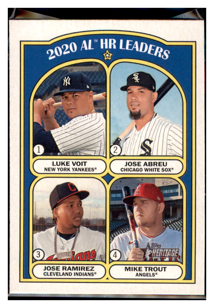2021 Topps Heritage 2020 AL
HR Leaders - Mike Trout / Jose Abreu / Jose Ramirez / Luke Voit LL Los Angeles Angels / Chicago White Sox /
Cleveland Indians / New York Yankees Baseball Card GMMGB simple Xclusive Collectibles