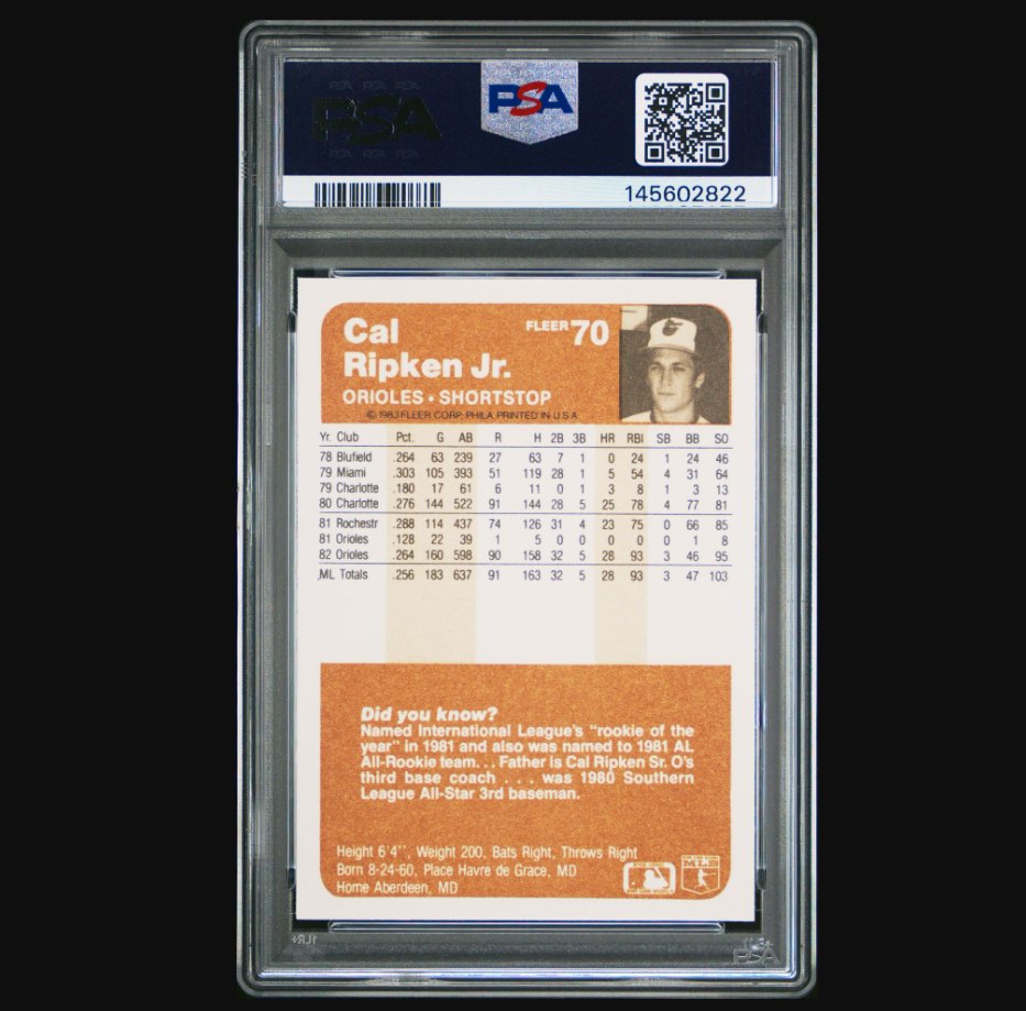 1983 Fleer Cal Ripken Jr #70 PSA 8 Back