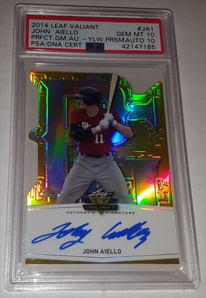 2014 Leaf Valiant John Aiello Perfect Game Yellow Prismatic Dual Graded 10 Autographed Baseball Card simple Xclusive Collectibles