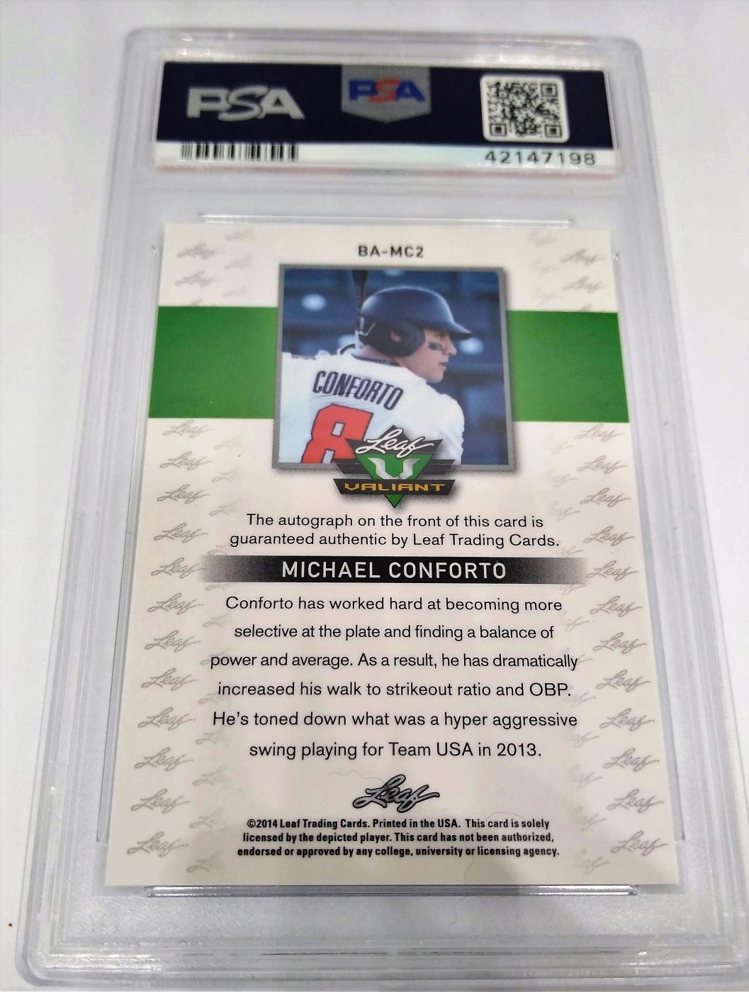2014 Leaf Valiant Michael Conforto Draft Green Autographed PSA Dual Graded 10/9 Baseball Card simple Xclusive Collectibles