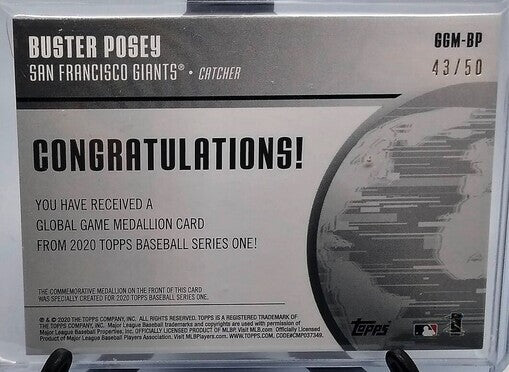 2020 Topps Buster Posey Serial Numbered /50 Global Game Medallion Baseball Card simple Xclusive Collectibles