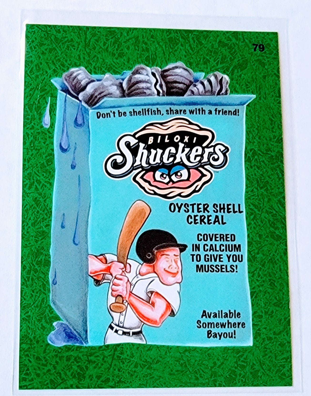 2016 Topps MLB Baseball Wacky Packages Boloxi Shuckers Oyster Shell Cereal Green Grass Parallel Sticker Trading Card MCSC1 simple Xclusive Collectibles