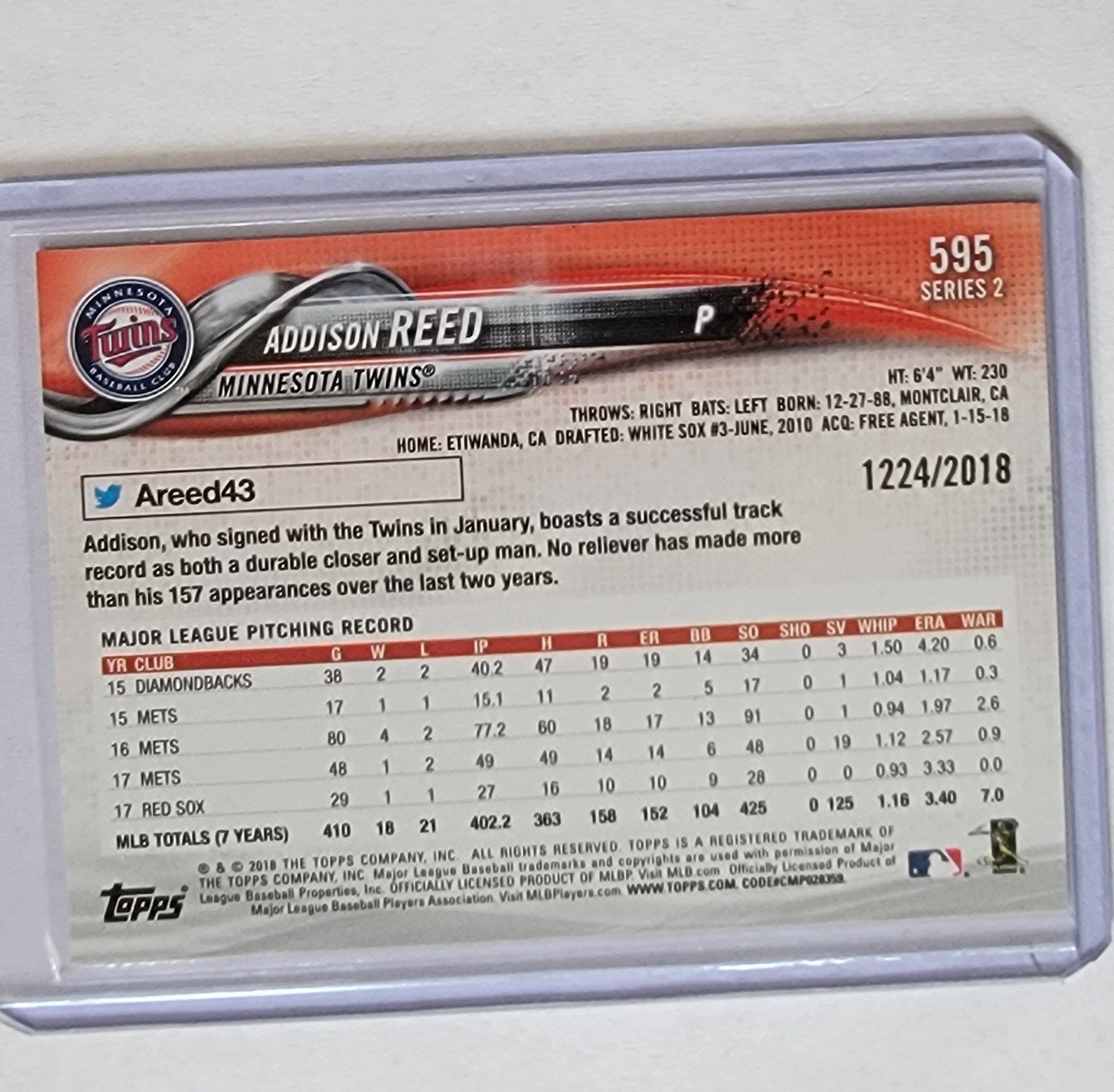 2018 Topps Addison Reed Gold #'d/2018 Parallel Baseball Card TPTV simple Xclusive Collectibles