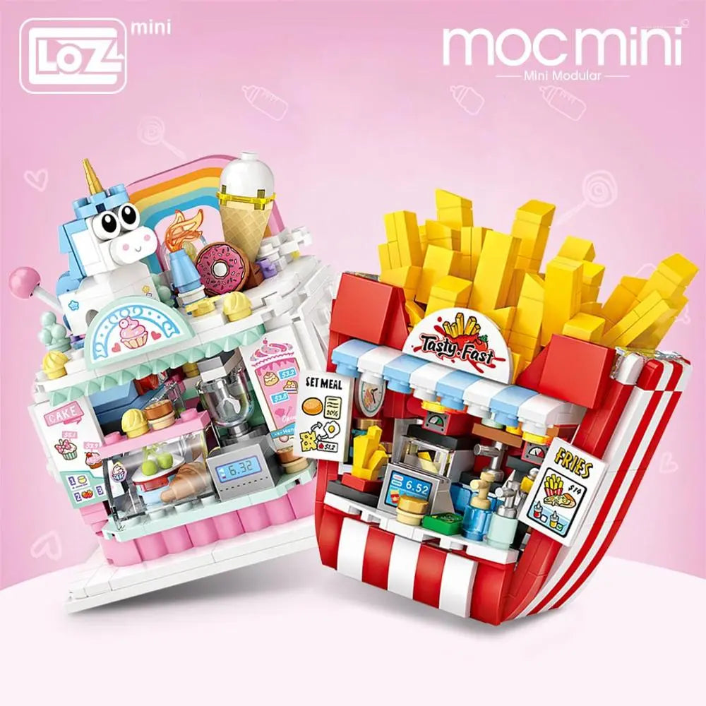 LOZ MOC Miniature Brick Sets - Cake Shop & French Fries Shop