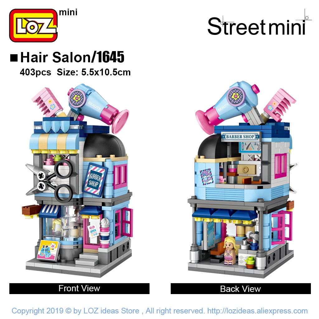 LOZ Mini Block Cityscapes Barber, Bakery, and Downtown Street Action Brick Model Playset