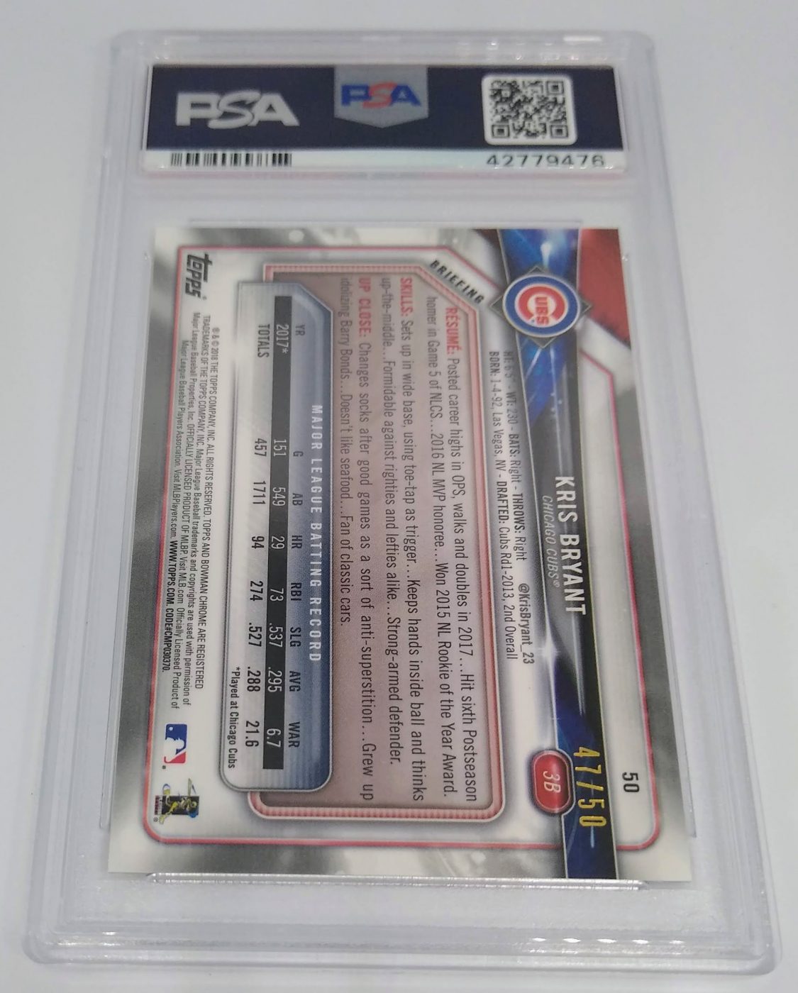 2018 Bowman Chrome Kris Bryant PSA Graded 10 Gold Refractor #'d/50 Baseball Card simple Xclusive Collectibles