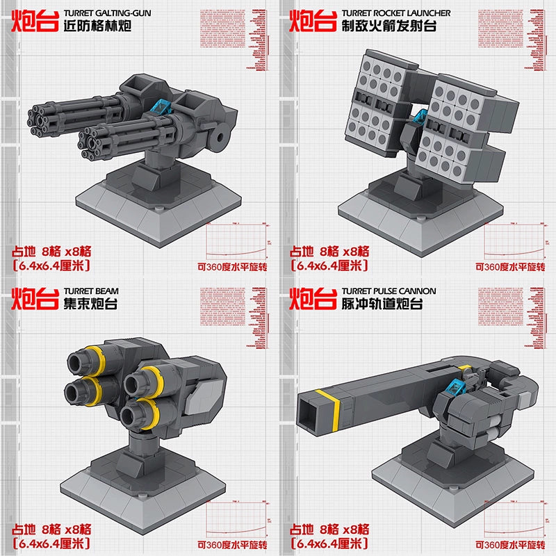 Military Brick Base Defense Systems: Radar, Missile, and Turret Sets