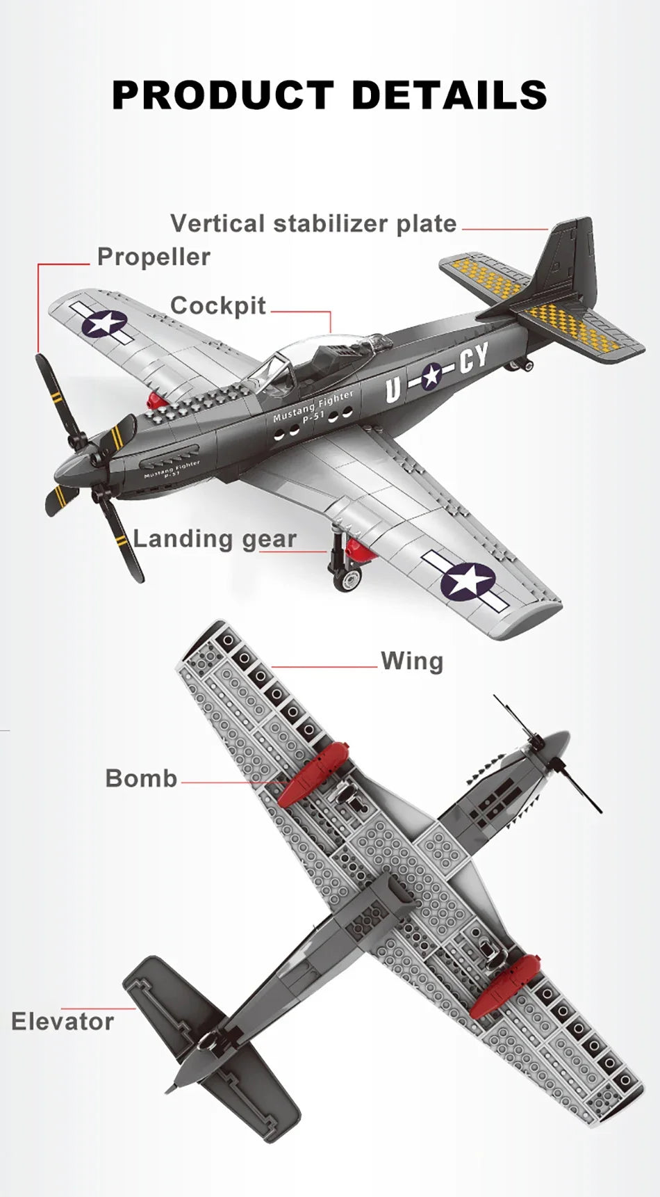 P-51 Mustang Fighter Jet – 258-Piece Military Aircraft Building Block Set