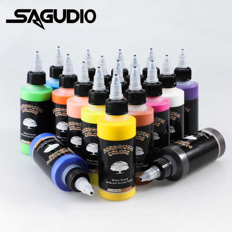 SAGUD Waterborne Acrylic Paint for Airbrush - 18 Colors, 100ml Each for  Art, Shoes, Wood, Canvasbased, and non-toxic, these paints are ideal for