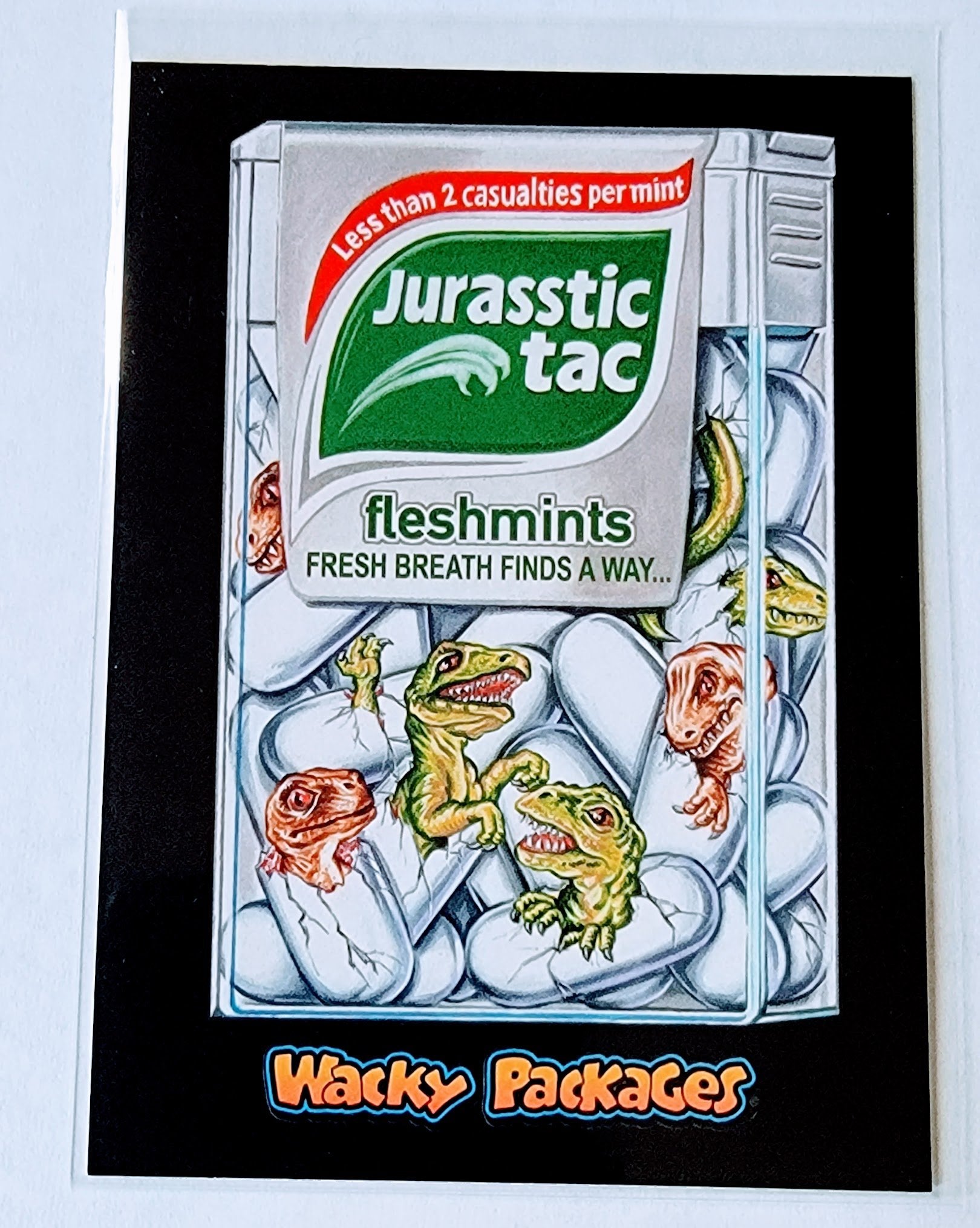 2017 Wacky Packages 50th Anniversary Jurrasstic Tac Fleshmints Sticker Trading Card MCSC1 simple Xclusive Collectibles   