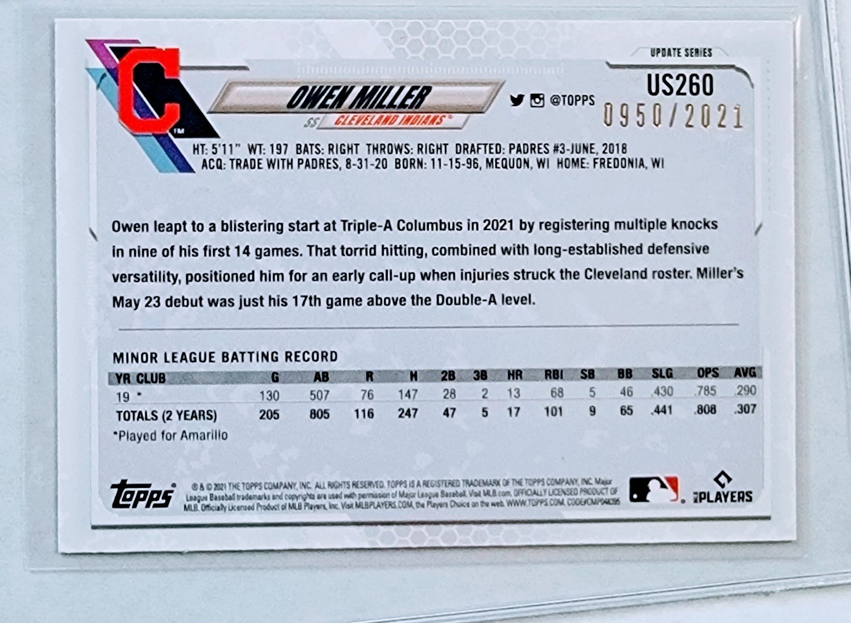 2021 Topps Update Joey Miller #'d/2021 Gold Bordered Baseball Card AVM1 simple Xclusive Collectibles