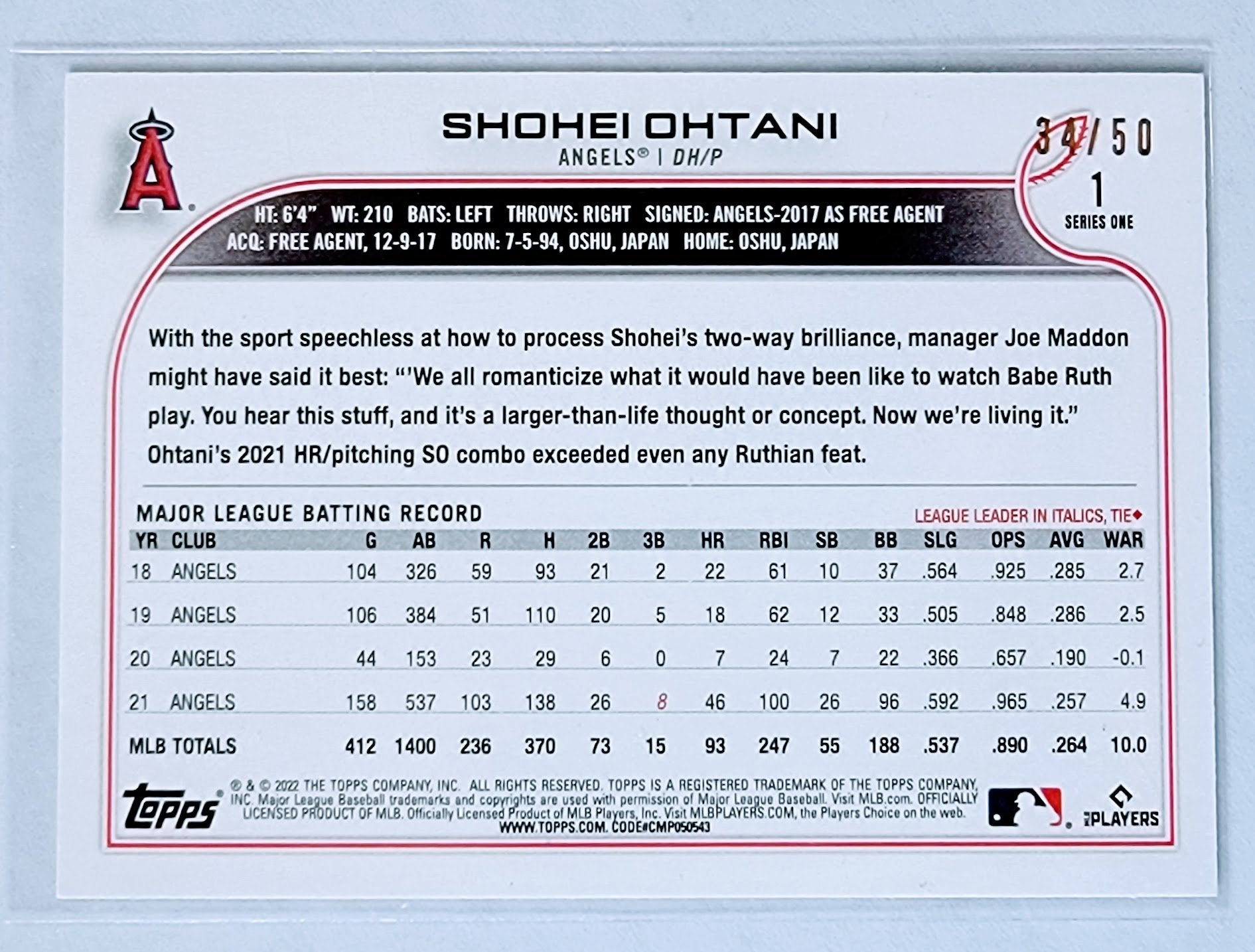 2022 Topps Shohei Ohtani Red Bordered #'d/50 Baseball Card simple Xclusive Collectibles   