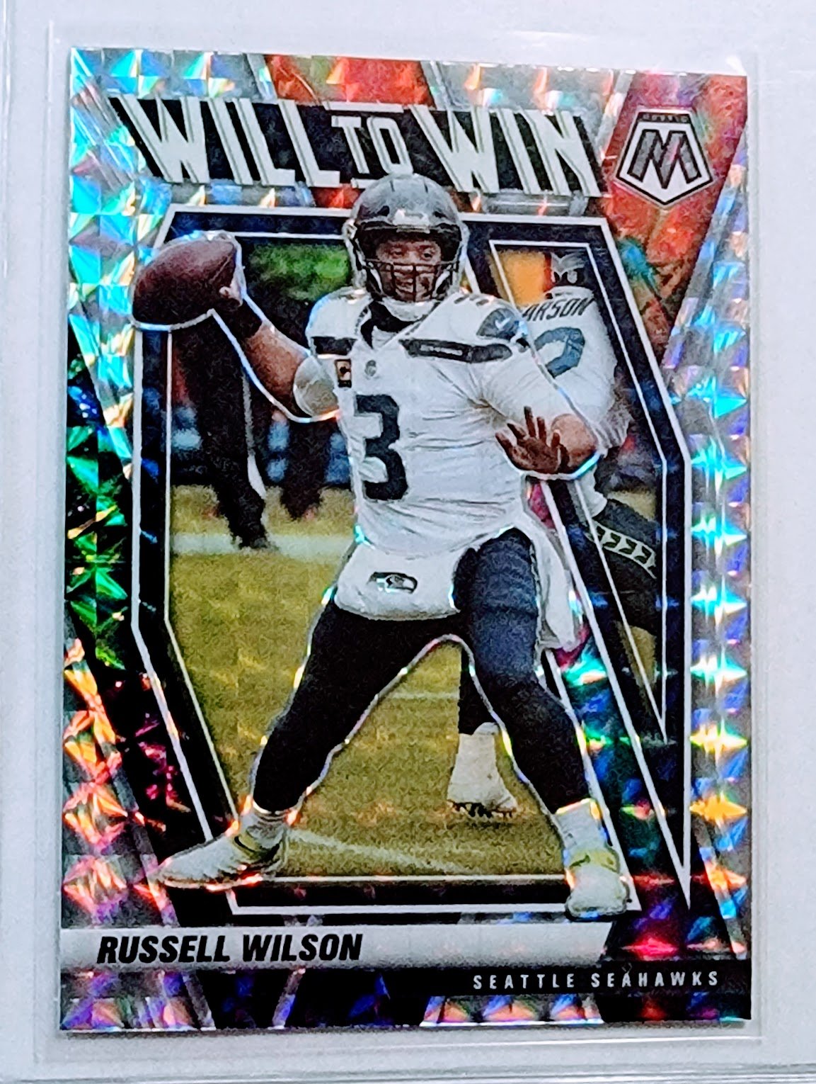 2021 Panini Mosaic Russell Wilson Will to Win Refractor Football Card AVM1 simple Xclusive Collectibles