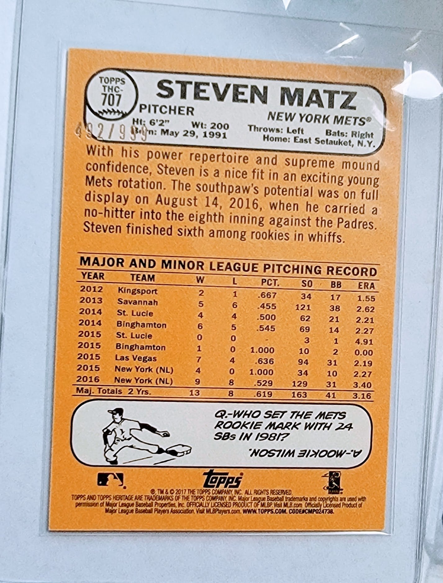 2017 Topps Heritage Steven Matz Chrome #'d/999 Insert Baseball Card TPTV simple Xclusive Collectibles