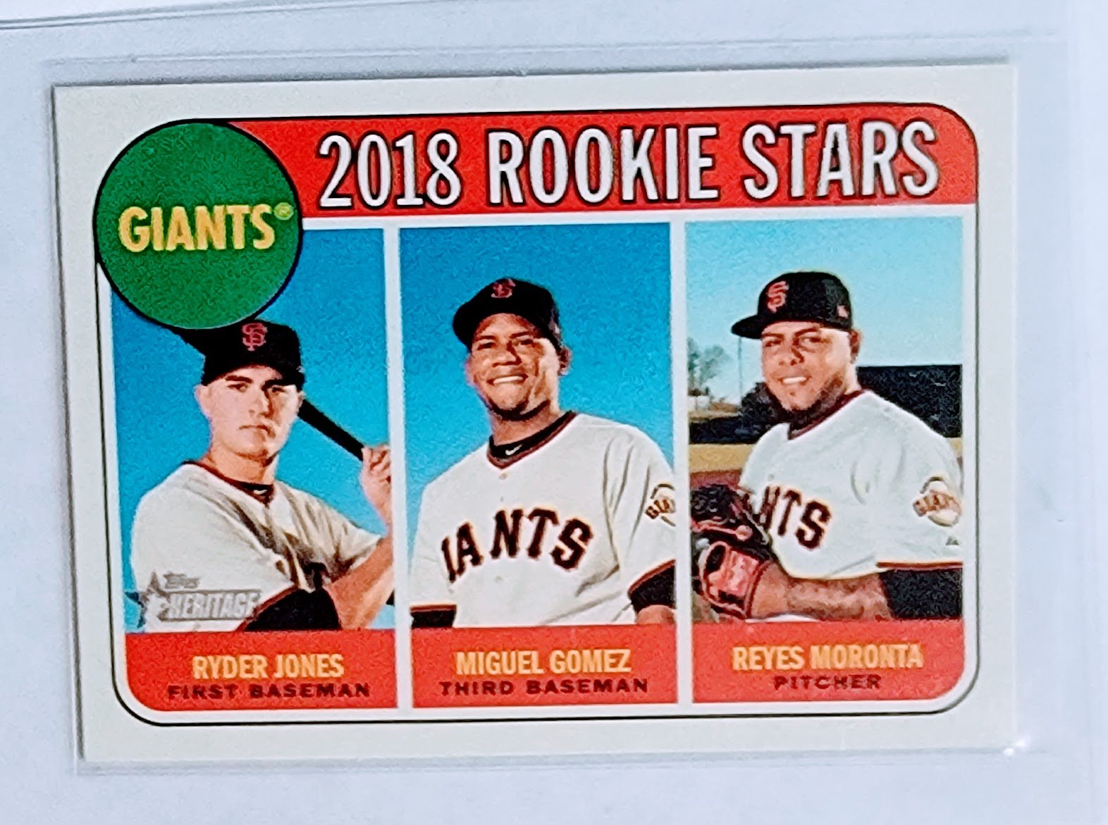 2018 Topps Heritage #16 Ryder Jones, Reyes Moronta & Miguel Gomez Rookie Stars Baseball Card Insert TPTV simple Xclusive Collectibles