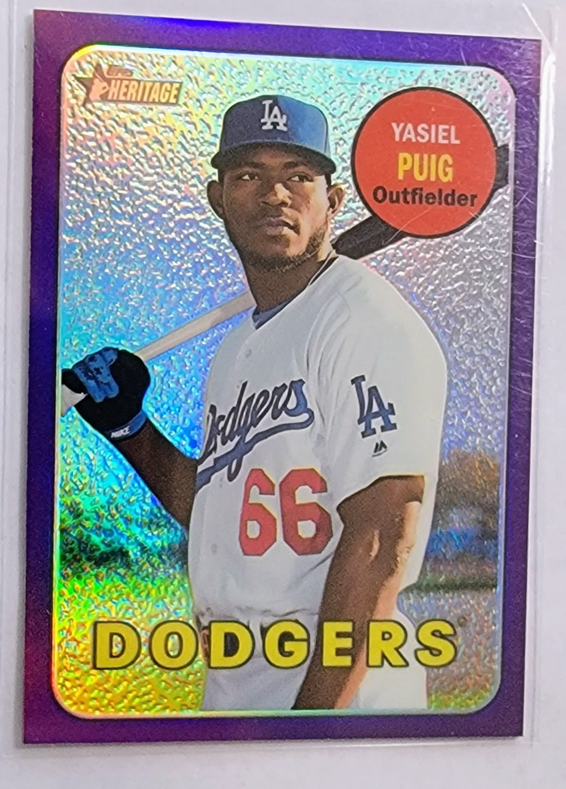 2018 Topps Heritage Yasiel Puig Purple Refractor Baseball Card TPTV