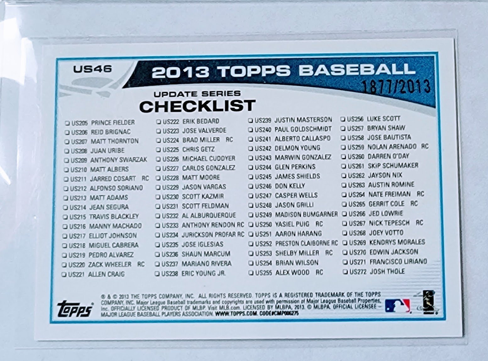 2013 Topps Update Yasiel Puig Gold #'d/2013 Checklist Rookie Baseball Card TPTV simple Xclusive Collectibles