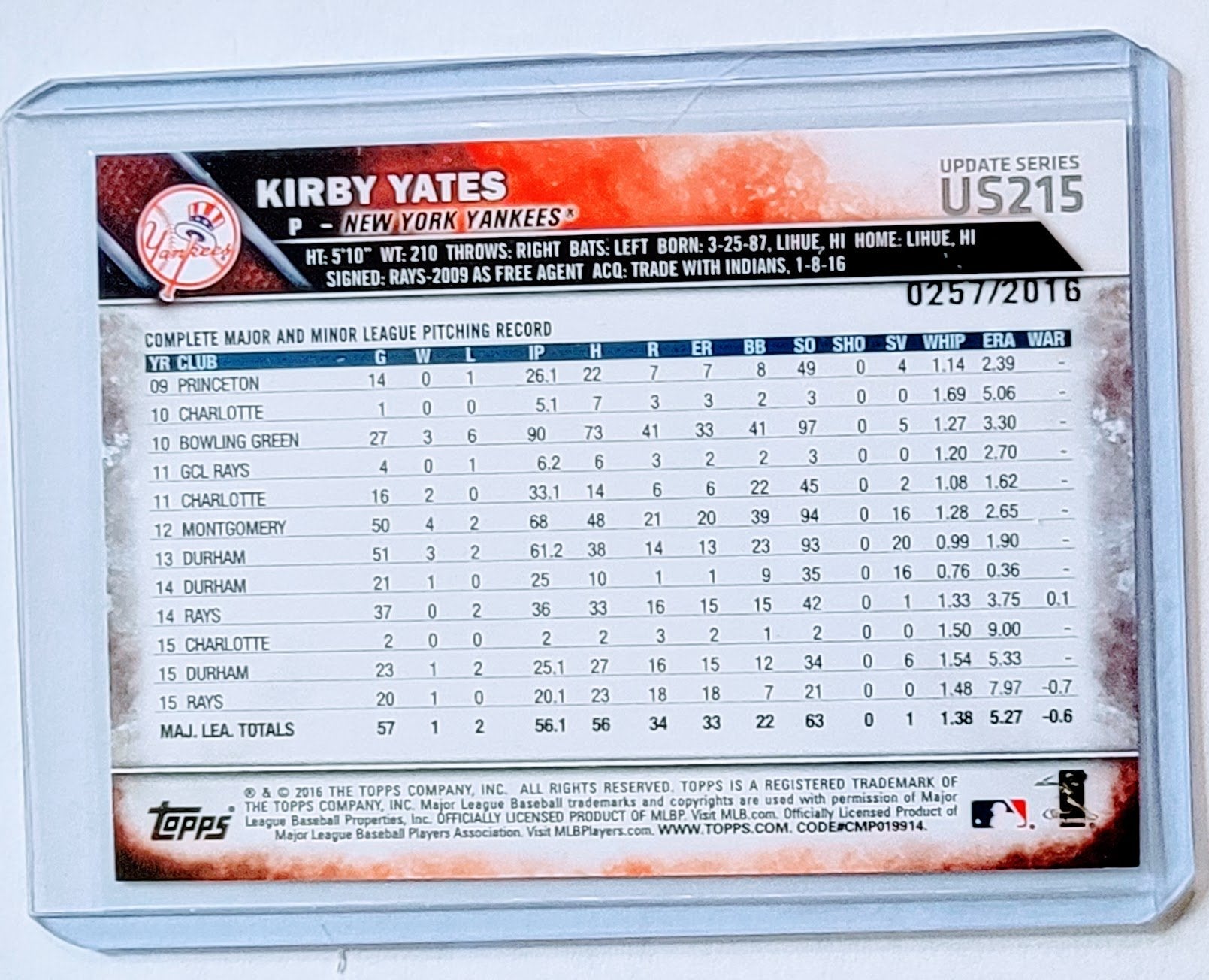 2016 Topps Kirby Yates Gold #'d/2016 Parallel Baseball Card TPTV simple Xclusive Collectibles