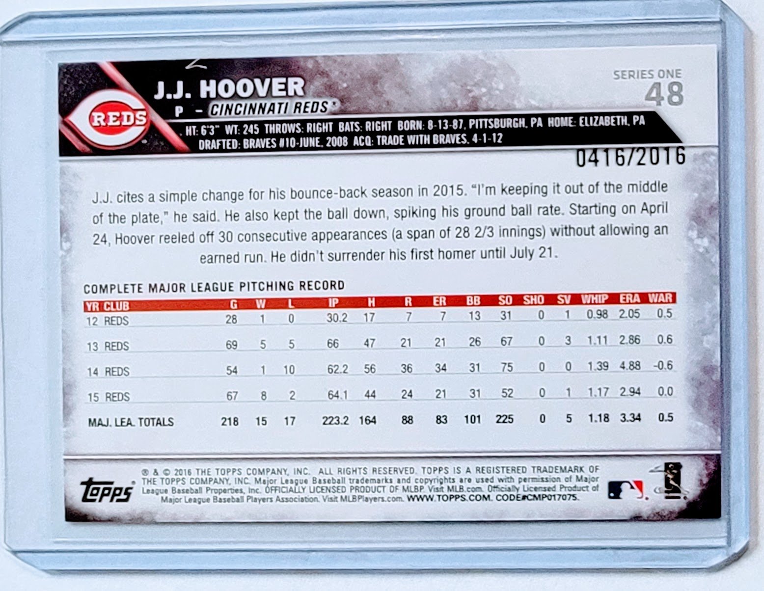 2016 Topps J.J. Hoover Gold #'d/2016 Parallel Baseball Card TPTV simple Xclusive Collectibles