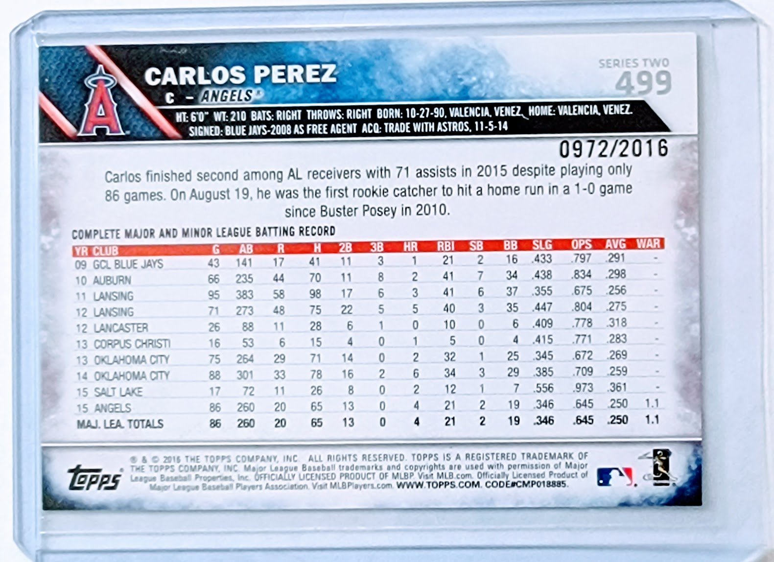 2016 Topps Carlos Perez w/ Mike Trout Gold #'d/2016 Parallel Baseball Card TPTV simple Xclusive Collectibles