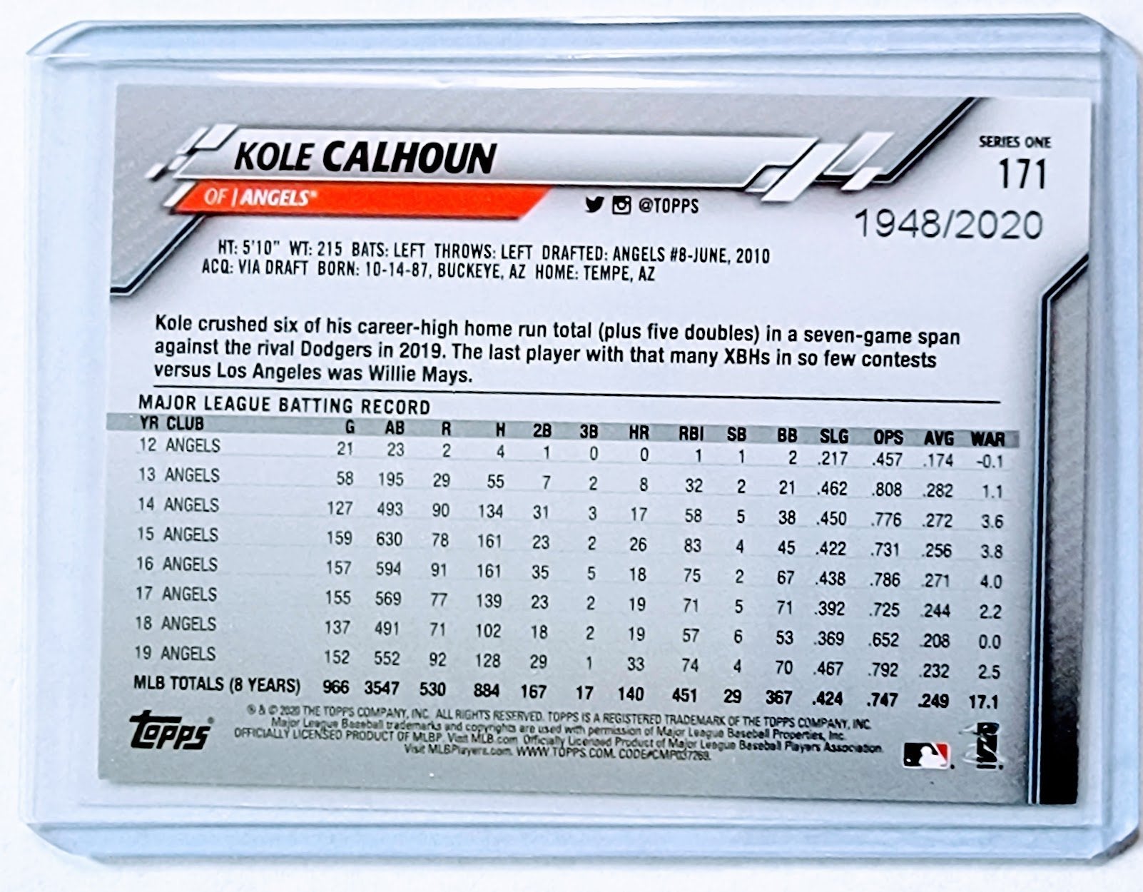 2020 Topps Kole Calhoun Gold #'d/2020 Parallel Baseball Card TPTV simple Xclusive Collectibles