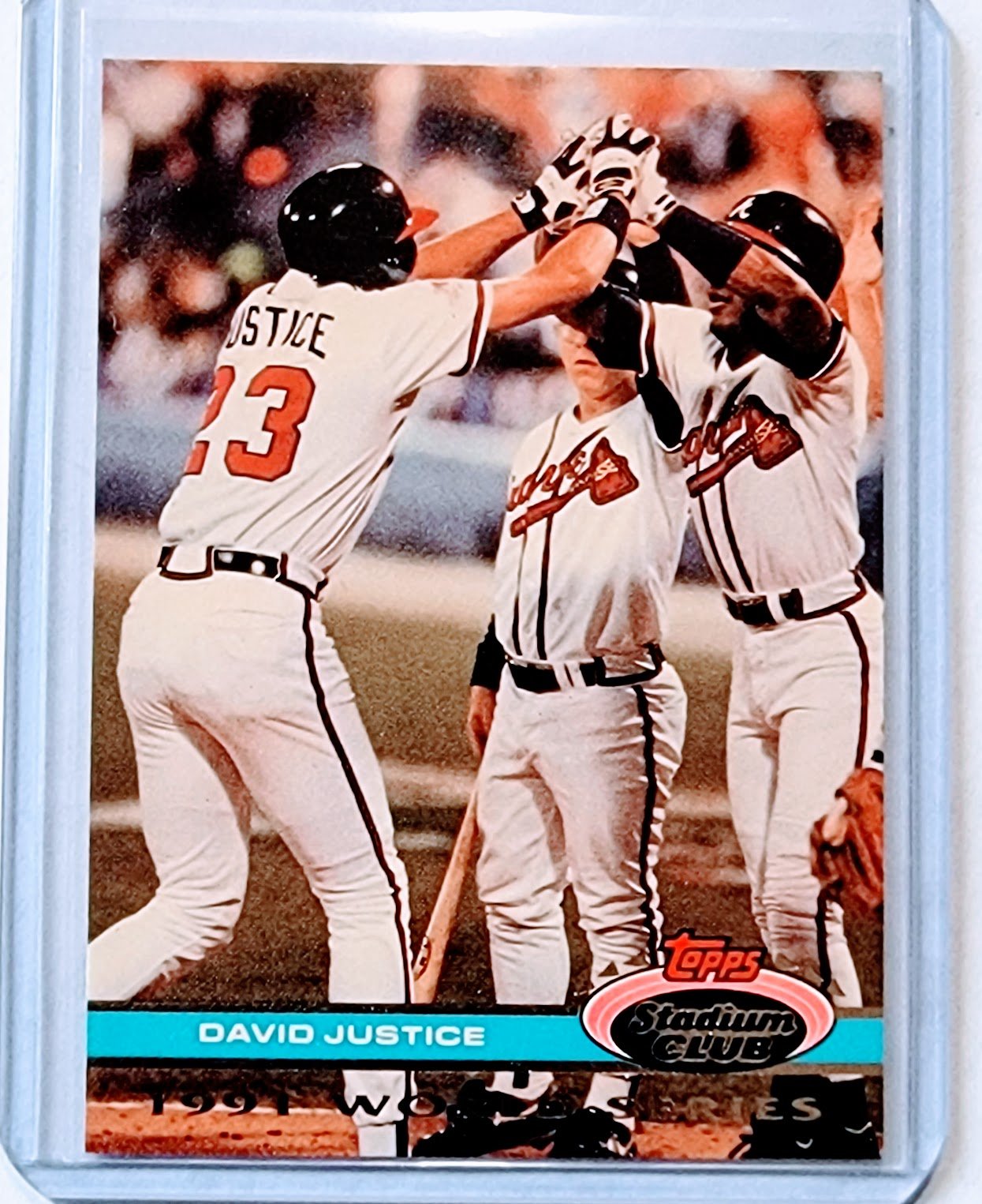 1992 Topps Stadium Club Dome David Justice 1991 World Series MLB Baseball Trading Card TPTV simple Xclusive Collectibles