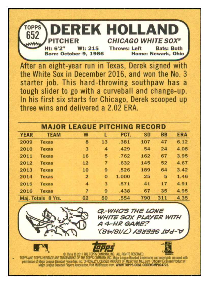 2017 Topps Heritage Derek
  Holland   Chicago White Sox Baseball
  Card TMH1A simple Xclusive Collectibles   
