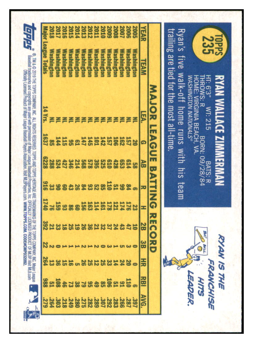 2019 Topps Heritage Ryan
  Zimmerman   Washington Nationals
  Baseball Card TMH1A simple Xclusive Collectibles   