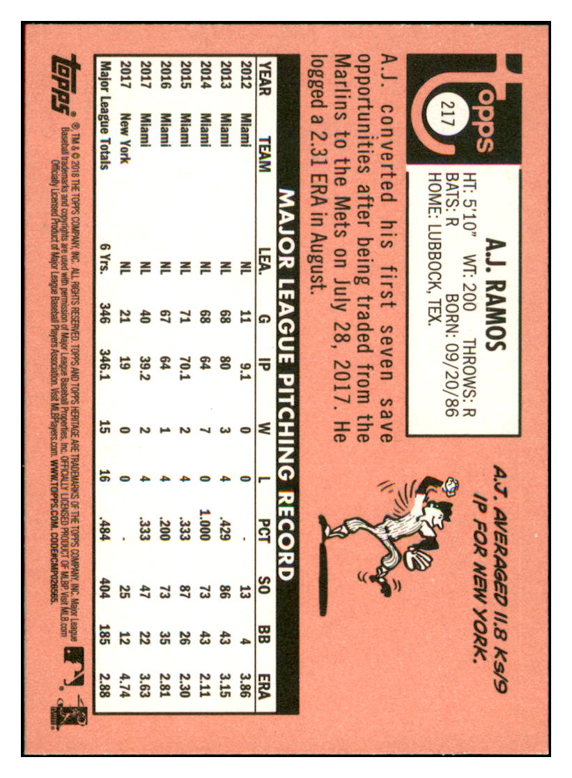 2018 Topps Heritage A.J.
  Ramos   New York Mets Baseball Card
  TMH1A simple Xclusive Collectibles   