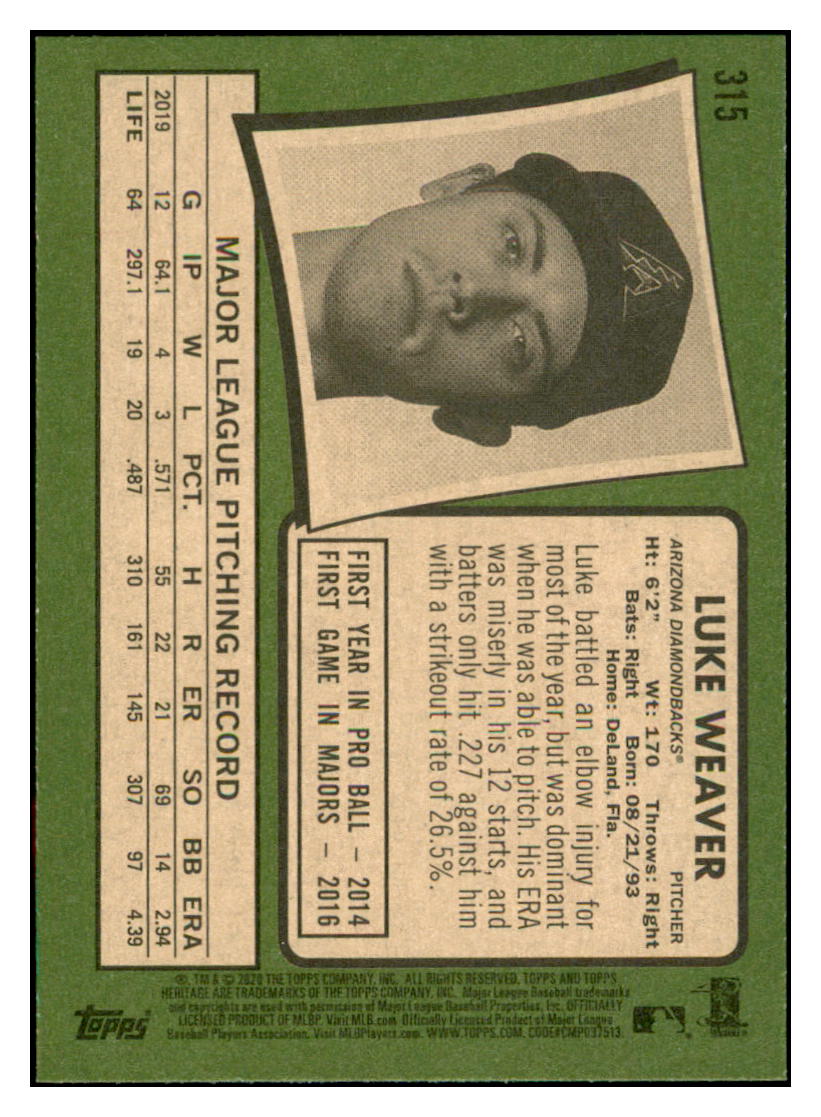 2020 Topps Heritage Luke
  Weaver   Arizona Diamondbacks Baseball
  Card TMH1A simple Xclusive Collectibles   
