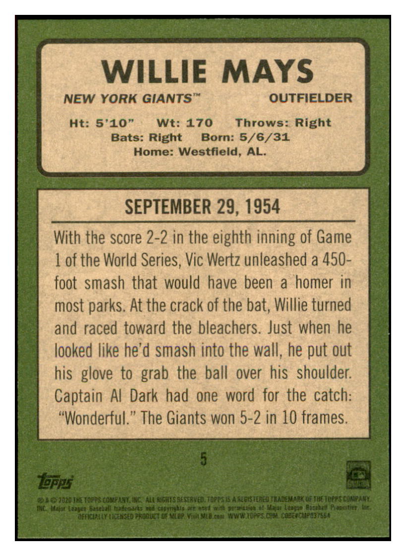 2020 Topps Heritage Willie
  Mays 20 Giants Seasons  New York Giants
  Baseball Card TMH1A simple Xclusive Collectibles   