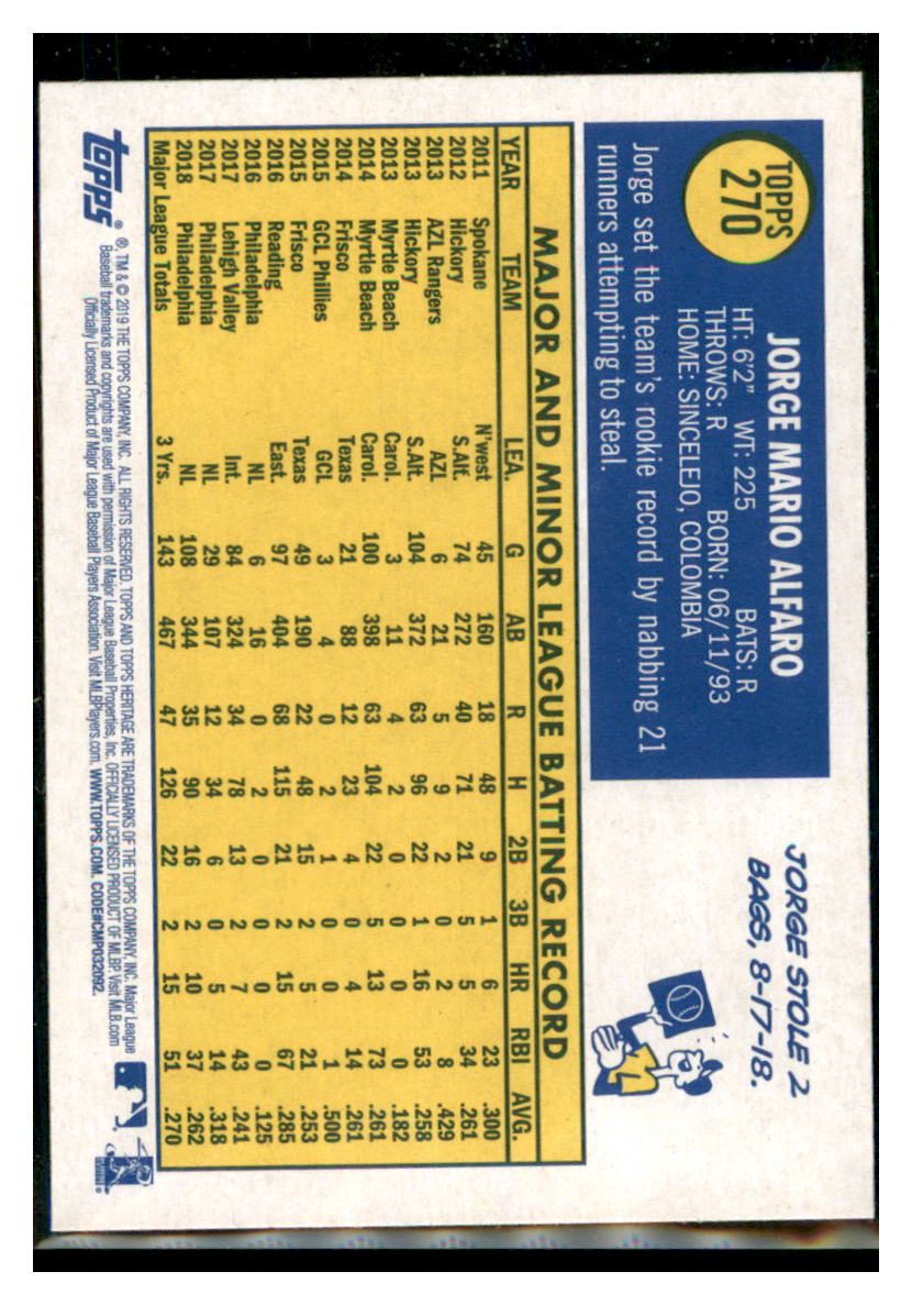2019 Topps Heritage Jorge Alfaro    Philadelphia Phillies #270 Baseball
  card   TMH1C simple Xclusive Collectibles   