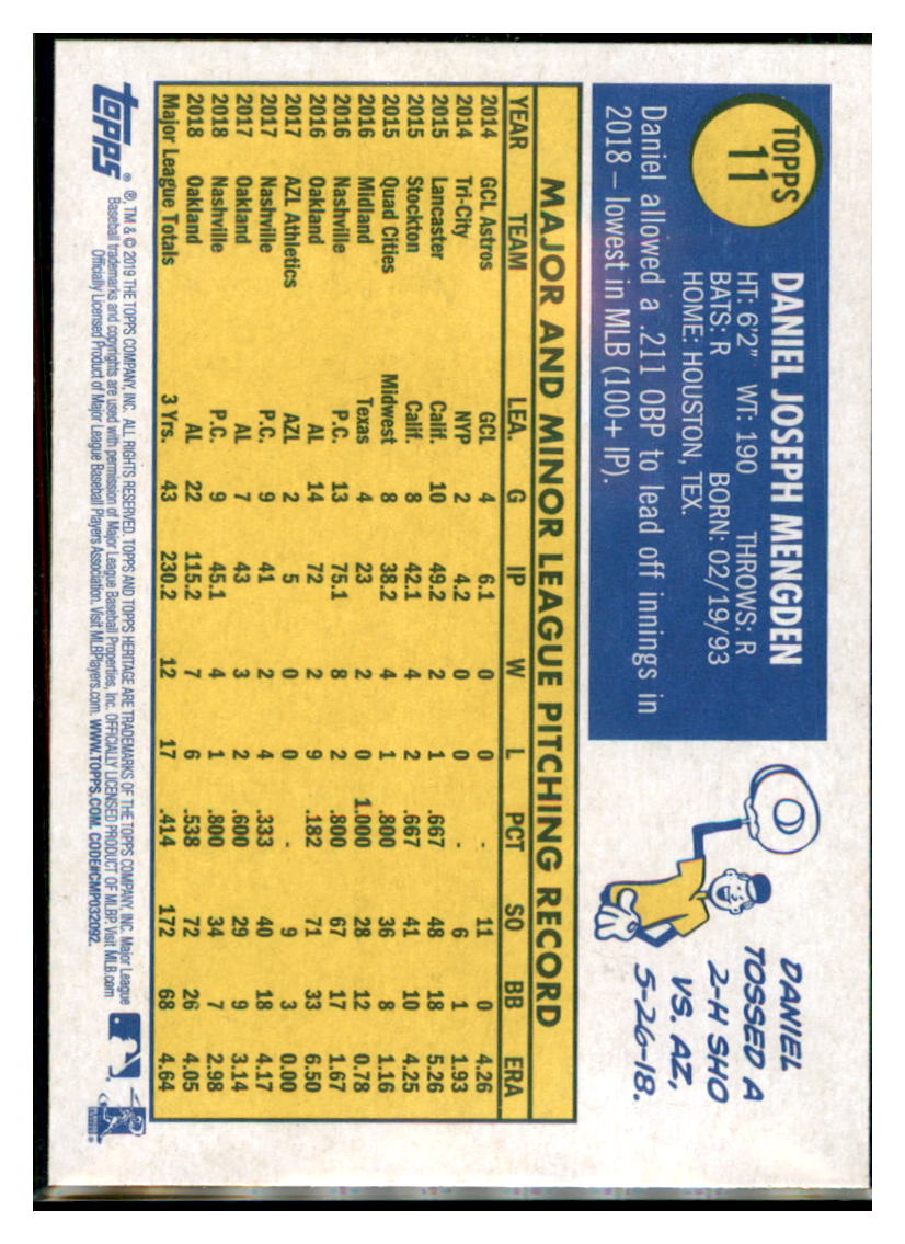 2019 Topps Heritage Daniel Mengden    Oakland Athletics #11 Baseball card   TMH1C simple Xclusive Collectibles   