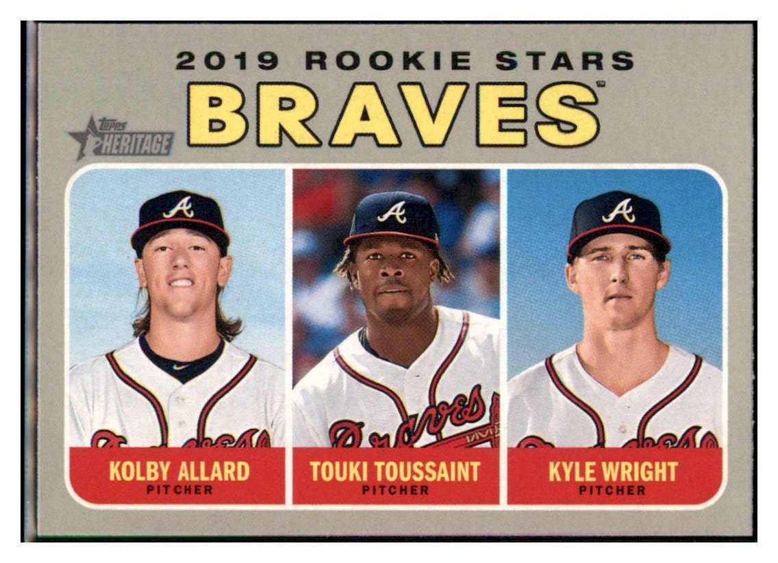 2019 Topps Heritage Kyle Wright / Touki
  Toussaint / Kolby Allard CPC, RC, RS   
  Atlanta Braves #399 Baseball card  
  TMH1C simple Xclusive Collectibles   
