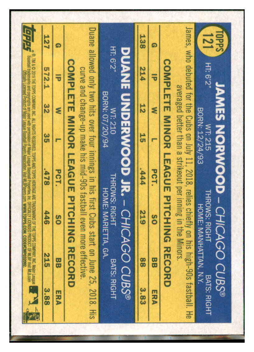 2019 Topps Heritage Duane Underwood Jr. /
  James Norwood CPC, RC, RS    Chicago
  Cubs #121 Baseball card   TMH1C_1a simple Xclusive Collectibles   