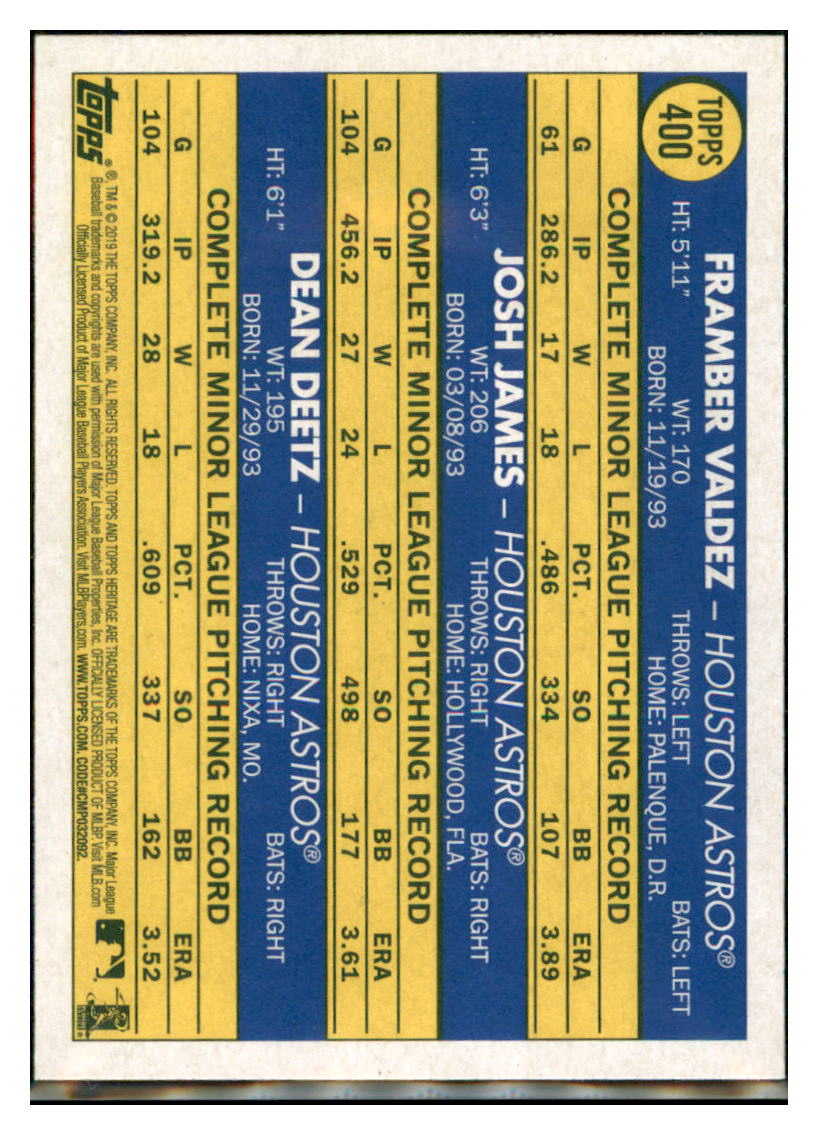 2019 Topps Heritage Dean Deetz / Framber
  Valdez / Josh James CPC, RC, RS   
  Houston Astros #400 Baseball card  
  TMH1C_1b simple Xclusive Collectibles   