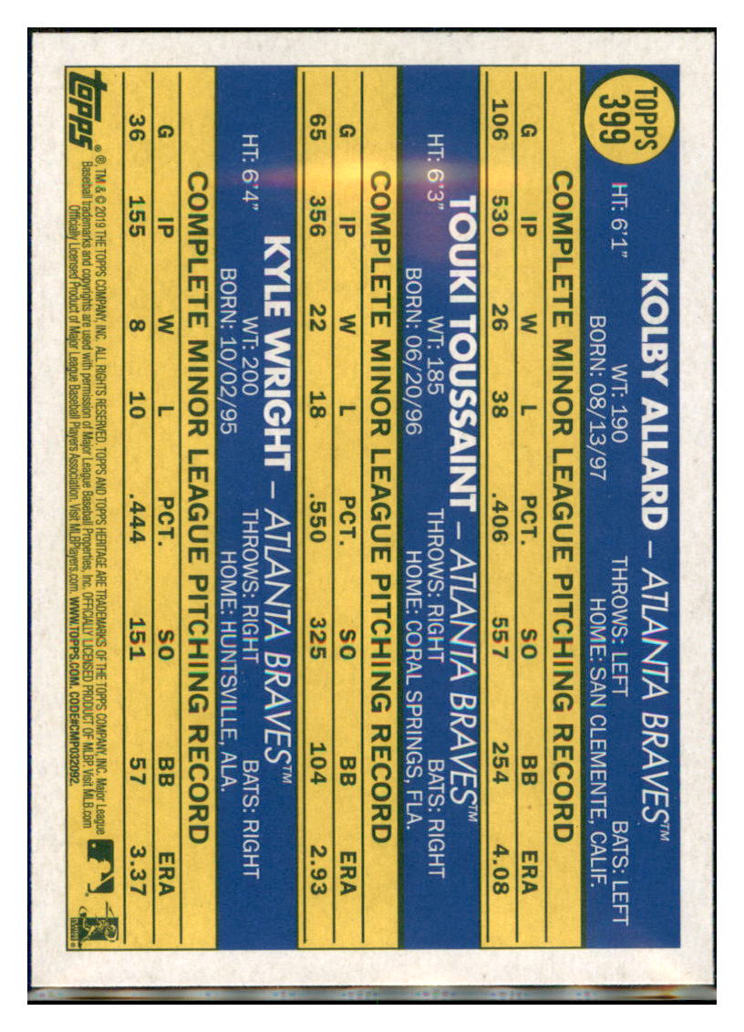 2019 Topps Heritage Kyle Wright / Touki
  Toussaint / Kolby Allard CPC, RC, RS   
  Atlanta Braves #399 Baseball card  
  TMH1C_1b simple Xclusive Collectibles   