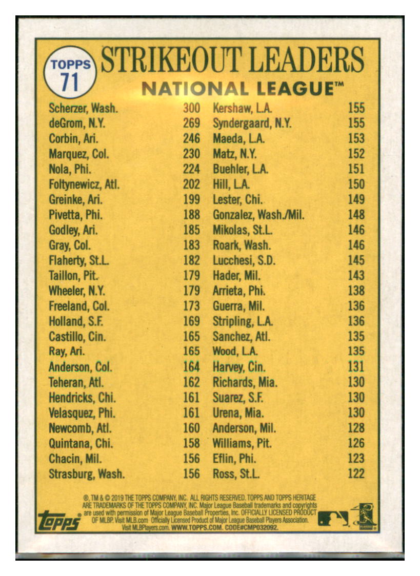2019 Topps Heritage Jacob deGrom /
  Patrick Corbin / Max Scherzer CPC, LL   
  New York Mets / Arizona Diamondbacks / Washington Nationals #71
  Baseball card   TMH1C_1b simple Xclusive Collectibles   