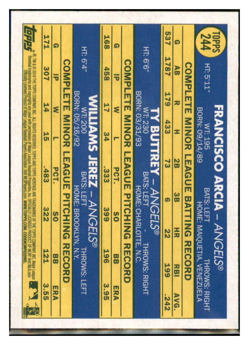 2019 Topps Heritage Ty Buttrey /
  Francisco Arcia / Williams Jerez CPC, RC, RS    Los Angeles Angels #244 Baseball
  card   TMH1C_1a simple Xclusive Collectibles   