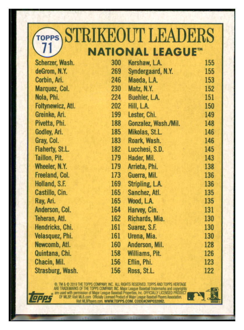 2019 Topps Heritage Jacob deGrom /
  Patrick Corbin / Max Scherzer CPC, LL   
  New York Mets / Arizona Diamondbacks / Washington Nationals #71
  Baseball card   TMH1C_1a simple Xclusive Collectibles   