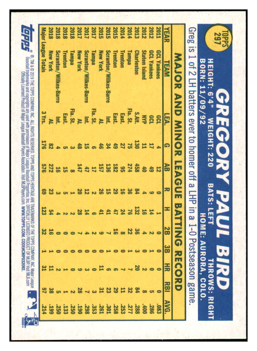2019 Topps Heritage Greg Bird    New York Yankees #297 Baseball card   TMH1C simple Xclusive Collectibles   