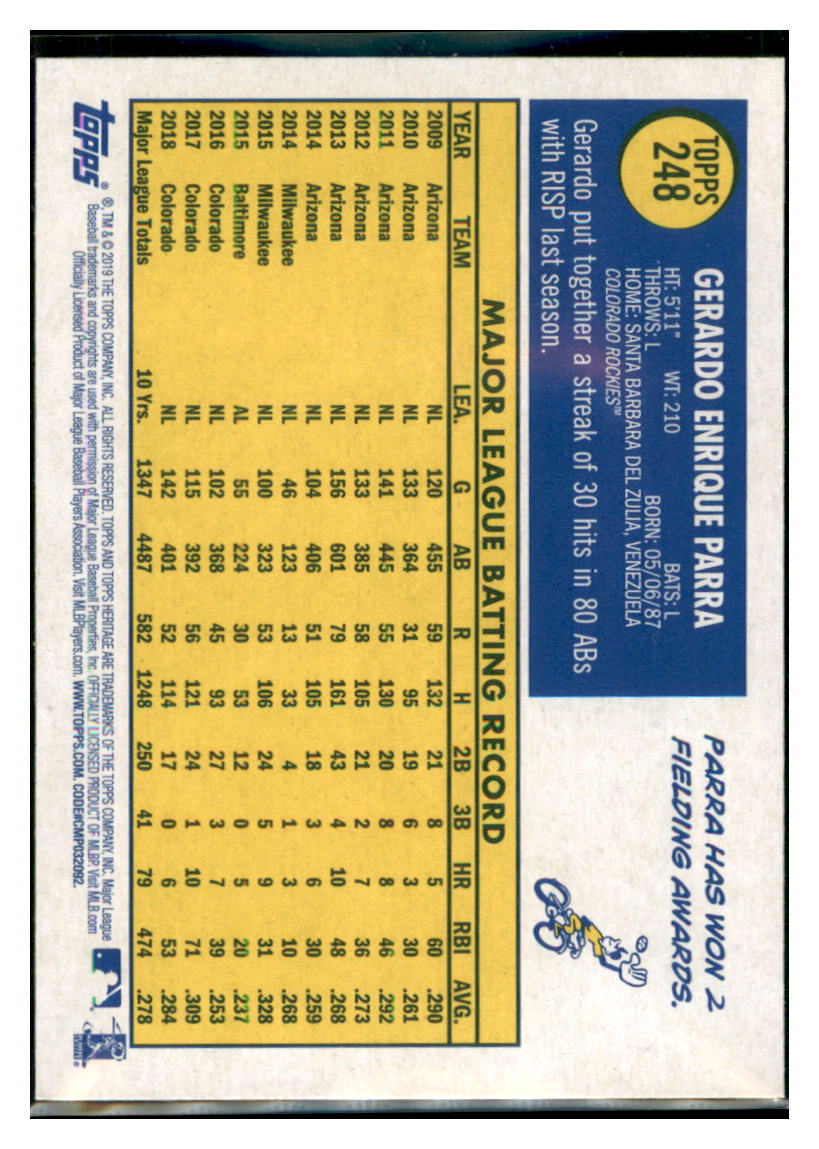 2019 Topps Heritage Gerardo Parra    Colorado Rockies #248 Baseball card   TMH1C_1a simple Xclusive Collectibles   