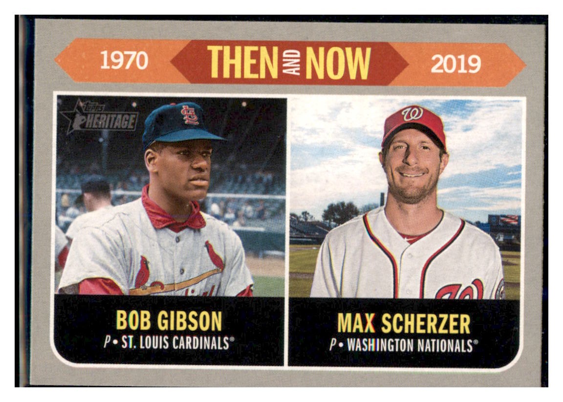 2019 Topps Heritage Bob Gibson / Max
  Scherzer    St. Louis Cardinals /
  Washington Nationals #TN-13 Baseball card  
  TMH1C simple Xclusive Collectibles   