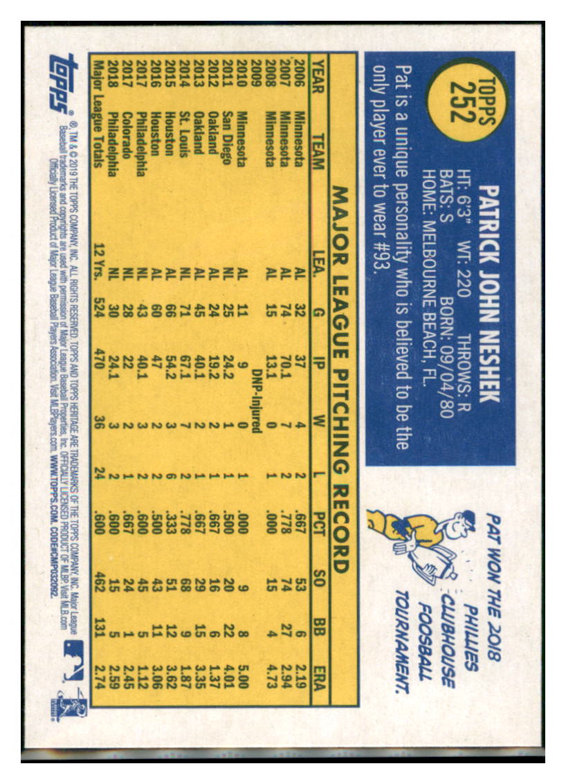 2019 Topps Heritage Pat Neshek    Philadelphia Phillies #252 Baseball
  card   TMH1C simple Xclusive Collectibles   